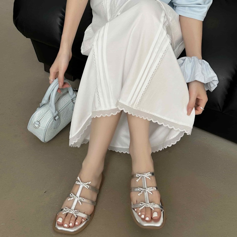 2025 New French Square Toe Rhinestone Bow One-Strap Slippers - Image 4