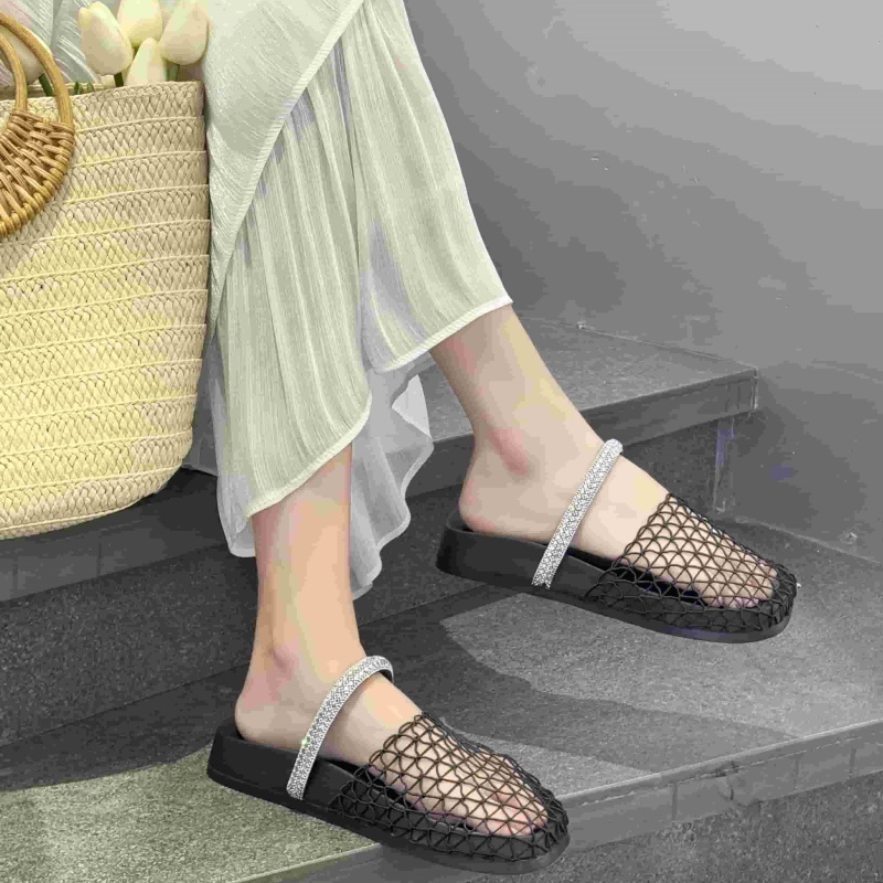 2025 New Summer Fishnet Hollow Rhinestone Closed-Toe Half Slippers Beach Sandals