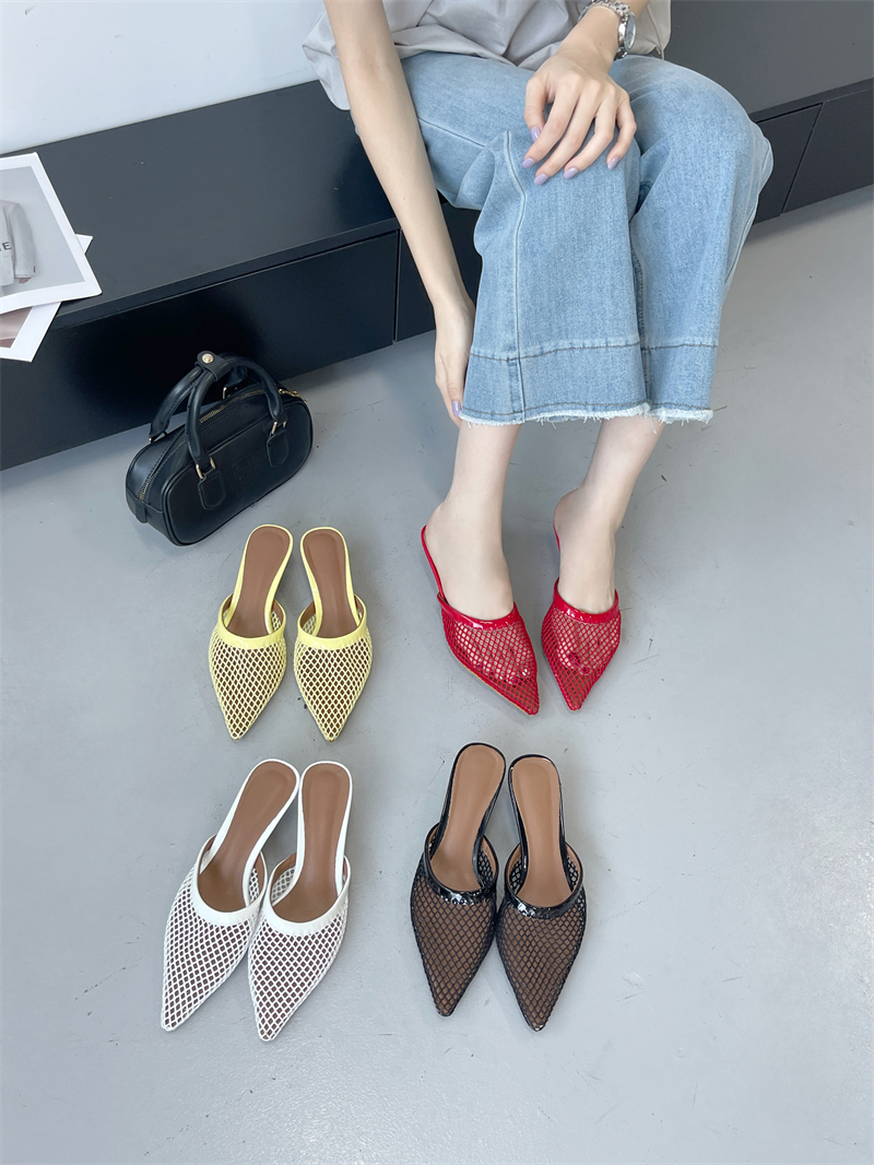 2025 New Fashion Pointed Toe Fishnet Breathable High Heel Slippers Sandals Women