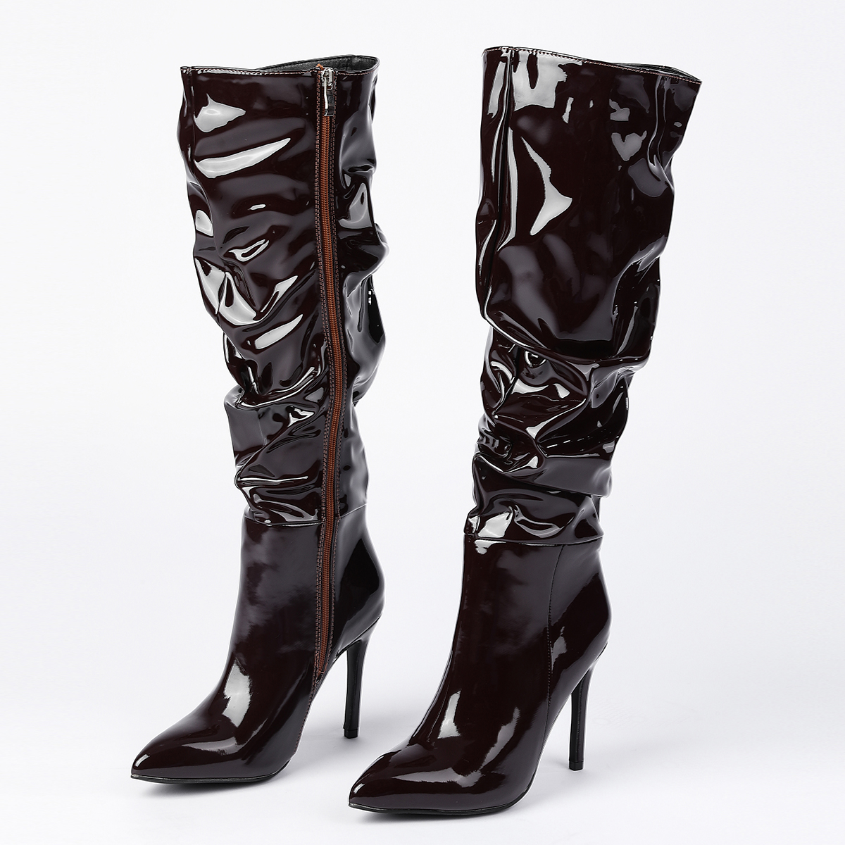 Impression Bang Women's Patent Leather Mid-Calf Boots with Side Zipper, Pointed Toe, Stiletto Heel, High Heel, 35-42 - Image 5