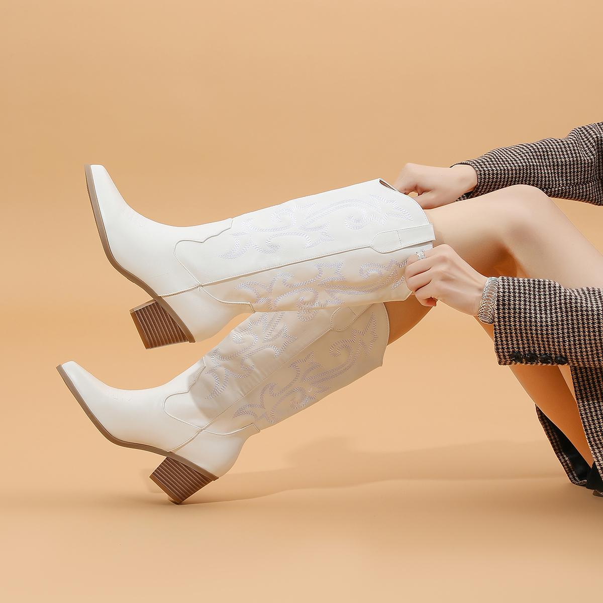 Impression Bang New Western Mid-Calf Boots Retro Ethnic Style Slip-On Embroidered Pattern Chunky Heel Sizes 35-43