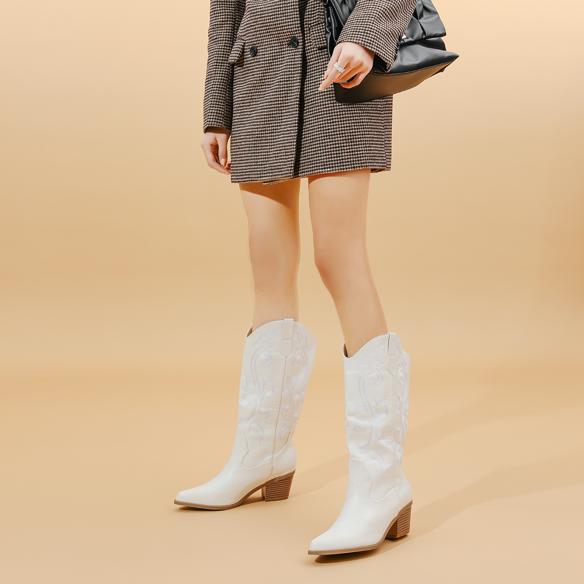 Impression Bang New Western Mid-Calf Boots Retro Ethnic Style Slip-On Embroidered Pattern Chunky Heel Sizes 35-43