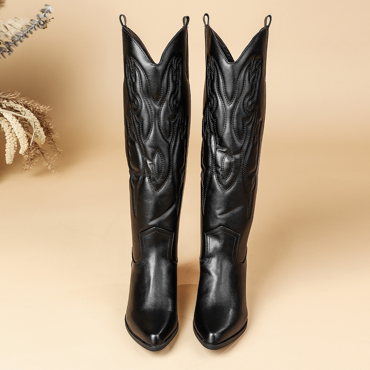 Impression Bang Thickened Cowboy Boots Retro Western Boots Pointed Toe Chunky Heel Embroidered Plus Size Women's Boots 43 - Image 4