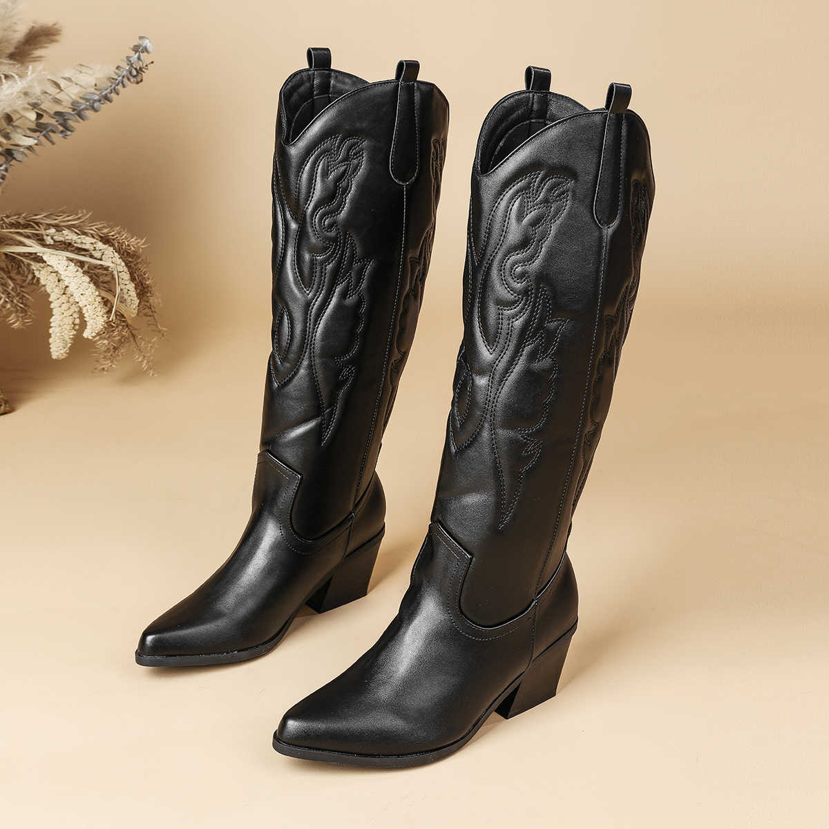 Impression Bang Thickened Cowboy Boots Retro Western Boots Pointed Toe Chunky Heel Embroidered Plus Size Women's Boots 43 - Image 5