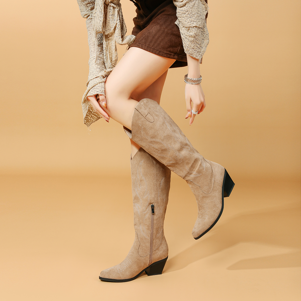 Impression Bang Retro Embroidered Western Boots for Women Chunky Heel Pointed Toe Side Zipper Khaki Size 42 - Image 3