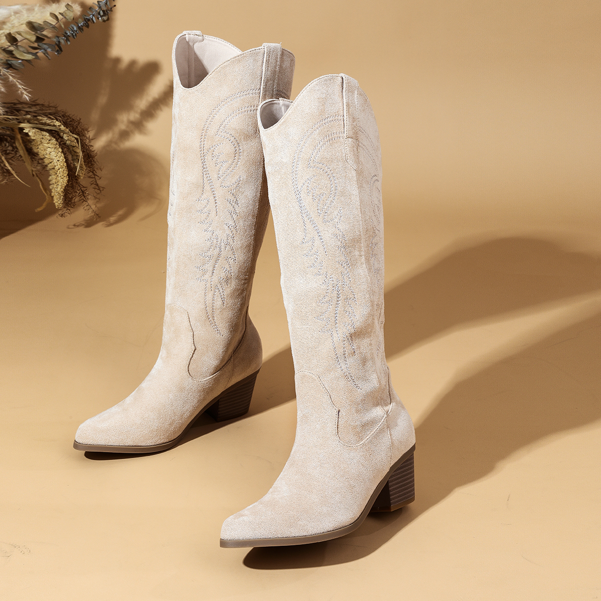 Impression Bang Retro Western Boots for Women 2026 Spring Embroidered Slip-On Chunky Heel Height Increasing Mid-Calf Outdoor Boots 35-43 - Image 3