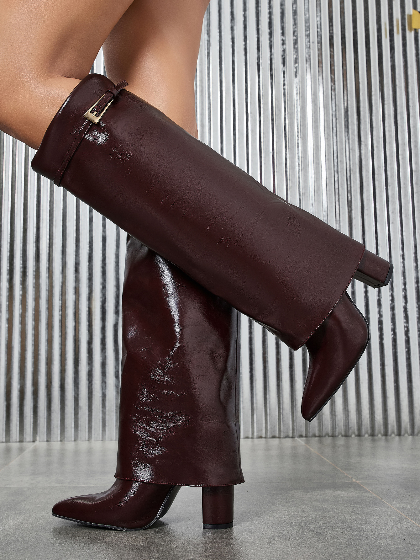 Women's Pointed Toe Metal Buckle Mid Calf Boots Wide Calf Chunky Heel Plus Size Fashion Boots - Image 4