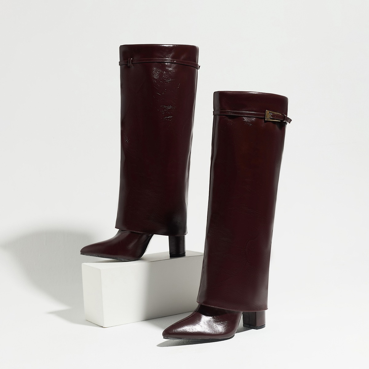 Women's Pointed Toe Metal Buckle Mid Calf Boots Wide Calf Chunky Heel Plus Size Fashion Boots - Image 5